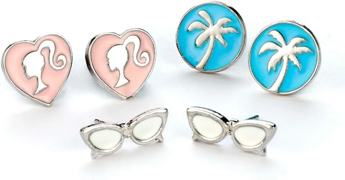 Barbie Toys Barbie Set of Three Classic Stud Earrings - Barbie Silhouette, Palm Tree, and Glasses Designs - Zinc, Nickel-Safe, Cadmium & Lead-Free