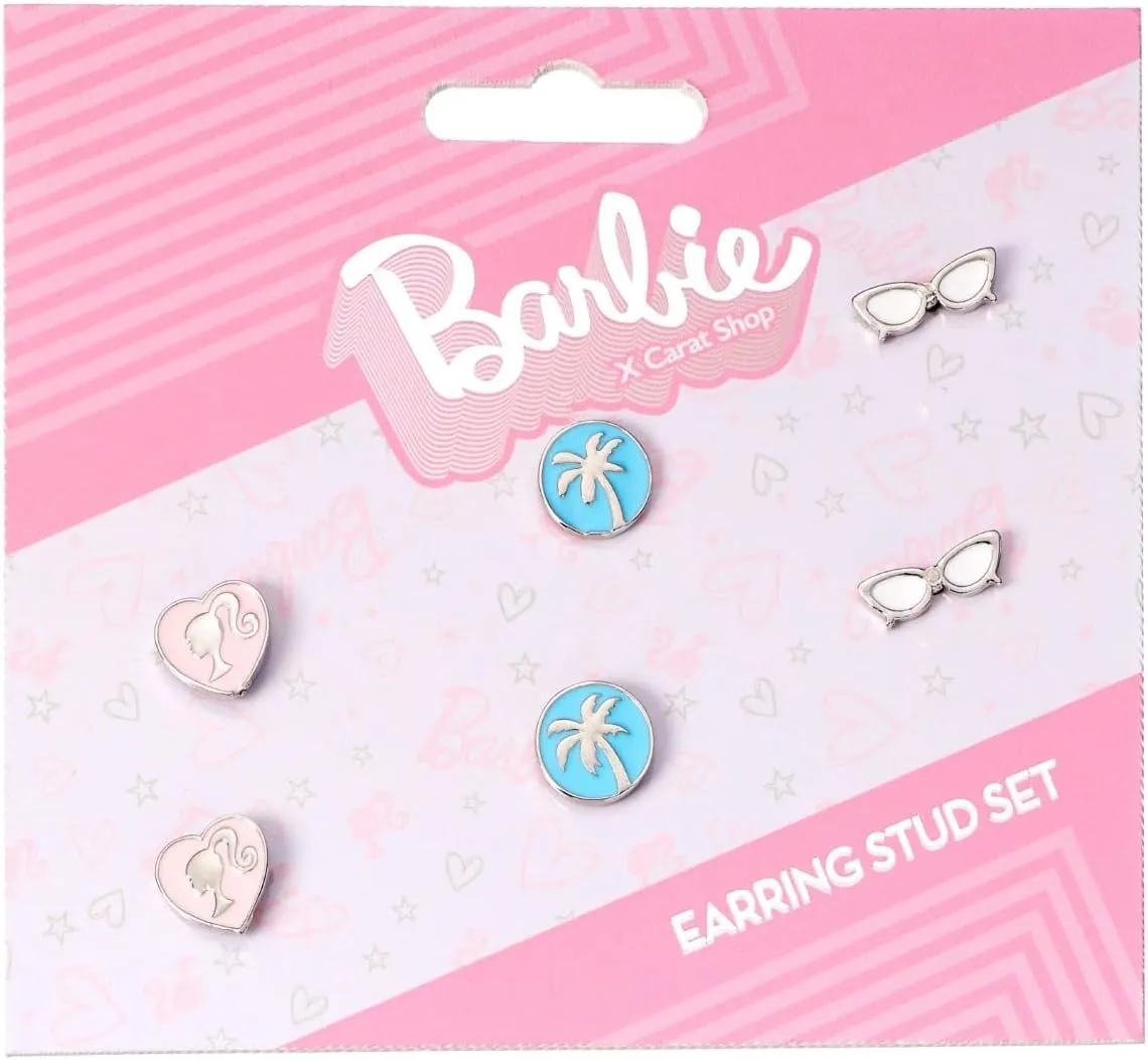 Barbie Toys Barbie Set of Three Classic Stud Earrings - Barbie Silhouette, Palm Tree, and Glasses Designs - Zinc, Nickel-Safe, Cadmium & Lead-Free