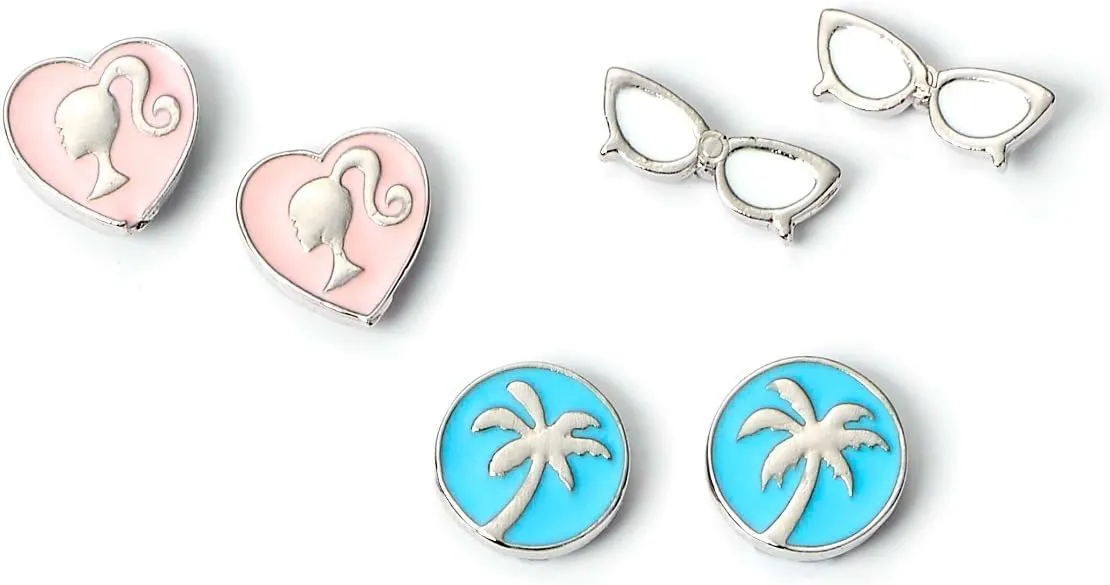 Barbie Toys Barbie Set of Three Classic Stud Earrings - Barbie Silhouette, Palm Tree, and Glasses Designs - Zinc, Nickel-Safe, Cadmium & Lead-Free