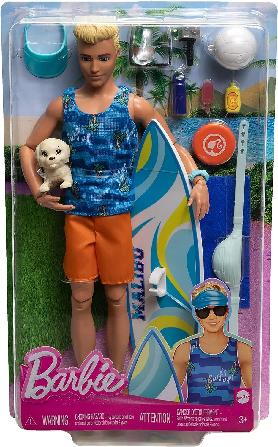 Barbie Toys Ken Doll with Surfboard and Pet Puppy, Poseable Blonde Barbie Ken Beach Doll with Themed Accessories like Towel