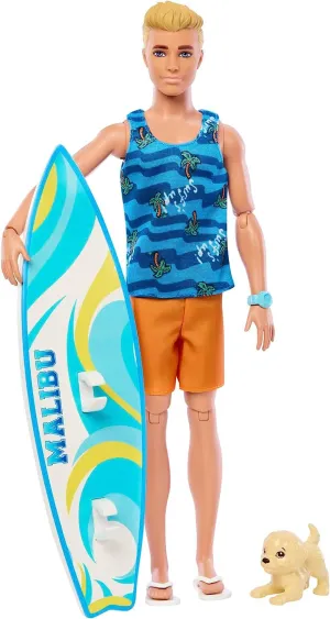 Barbie Toys Ken Doll with Surfboard and Pet Puppy, Poseable Blonde Barbie Ken Beach Doll with Themed Accessories like Towel