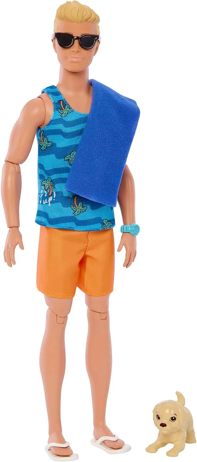 Barbie Toys Ken Doll with Surfboard and Pet Puppy, Poseable Blonde Barbie Ken Beach Doll with Themed Accessories like Towel