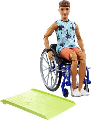Barbie Toys Ken Doll with Wheelchair & Ramp, Kids Toys, Barbie Fashionistas, Brunette with Beachy Tee and Orange Shorts