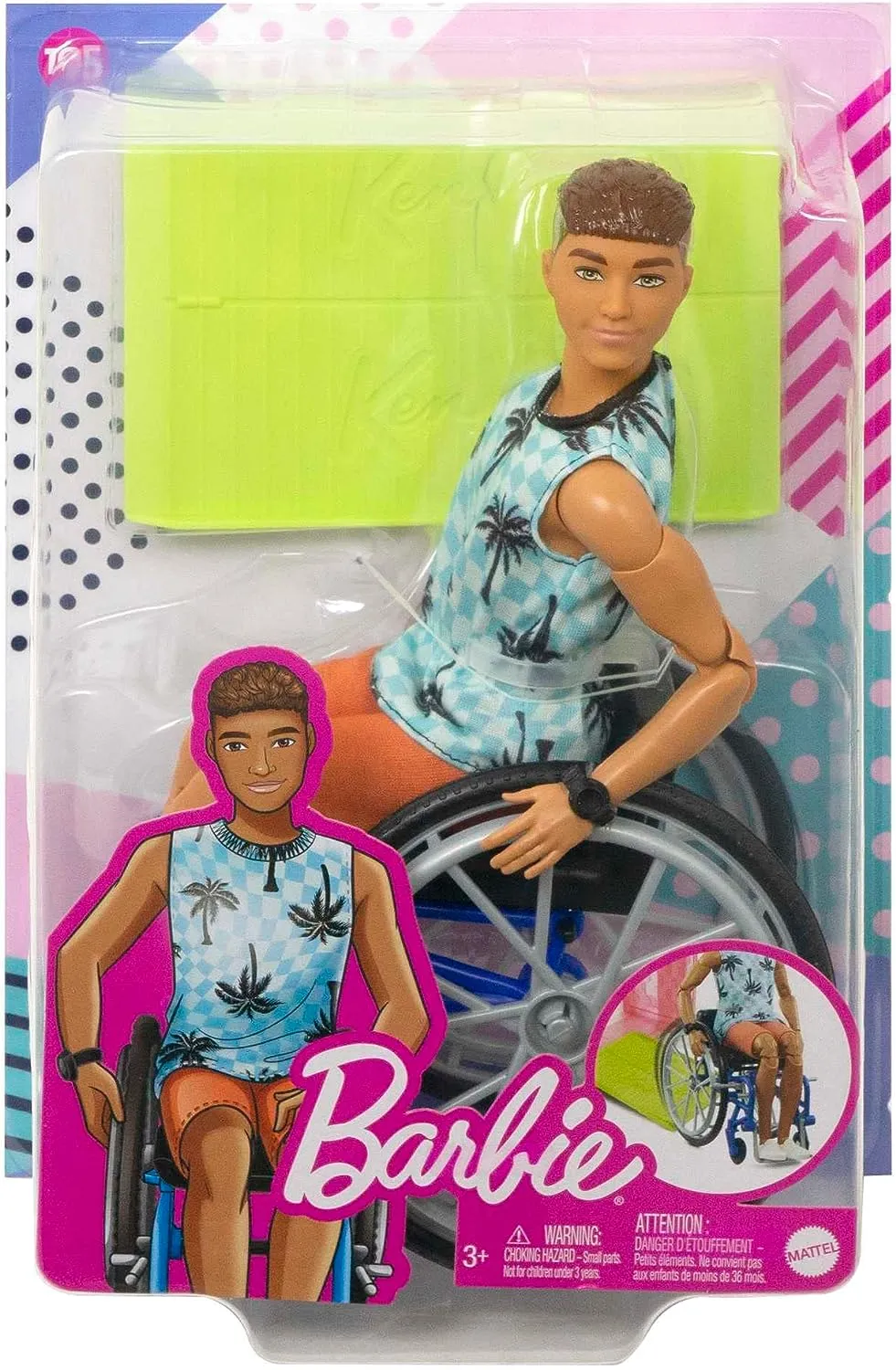 Barbie Toys Ken Doll with Wheelchair & Ramp, Kids Toys, Barbie Fashionistas, Brunette with Beachy Tee and Orange Shorts