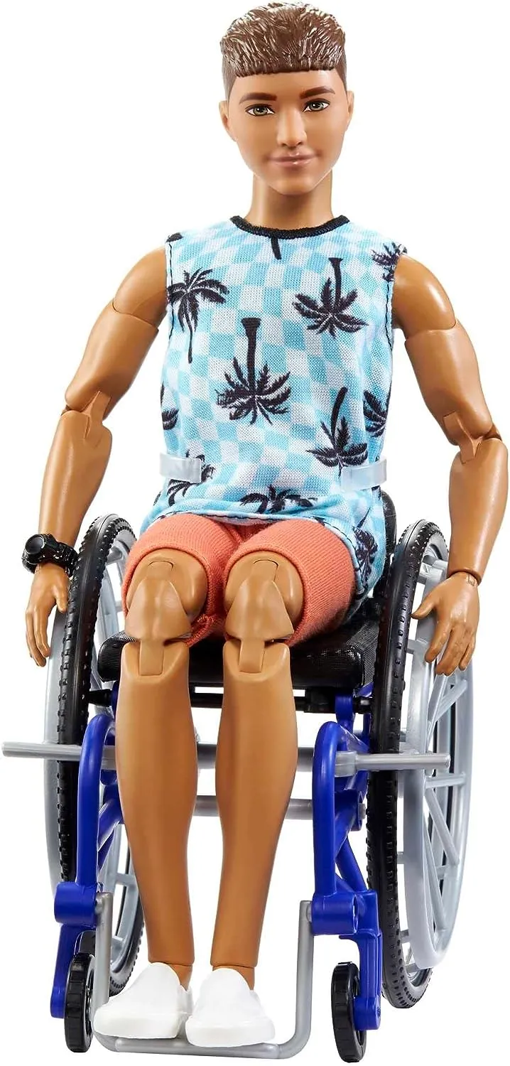 Barbie Toys Ken Doll with Wheelchair & Ramp, Kids Toys, Barbie Fashionistas, Brunette with Beachy Tee and Orange Shorts