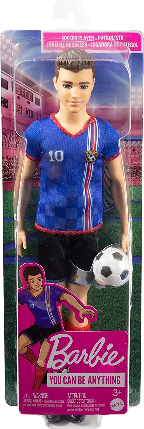 Barbie Toys Ken Soccer Doll, Cropped Hair, Colorful #10 Uniform, Soccer Ball, Cleats, Tall Socks