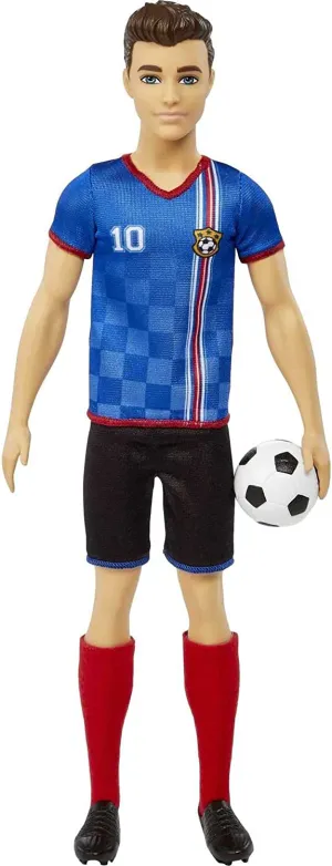 Barbie Toys Ken Soccer Doll, Cropped Hair, Colorful #10 Uniform, Soccer Ball, Cleats, Tall Socks