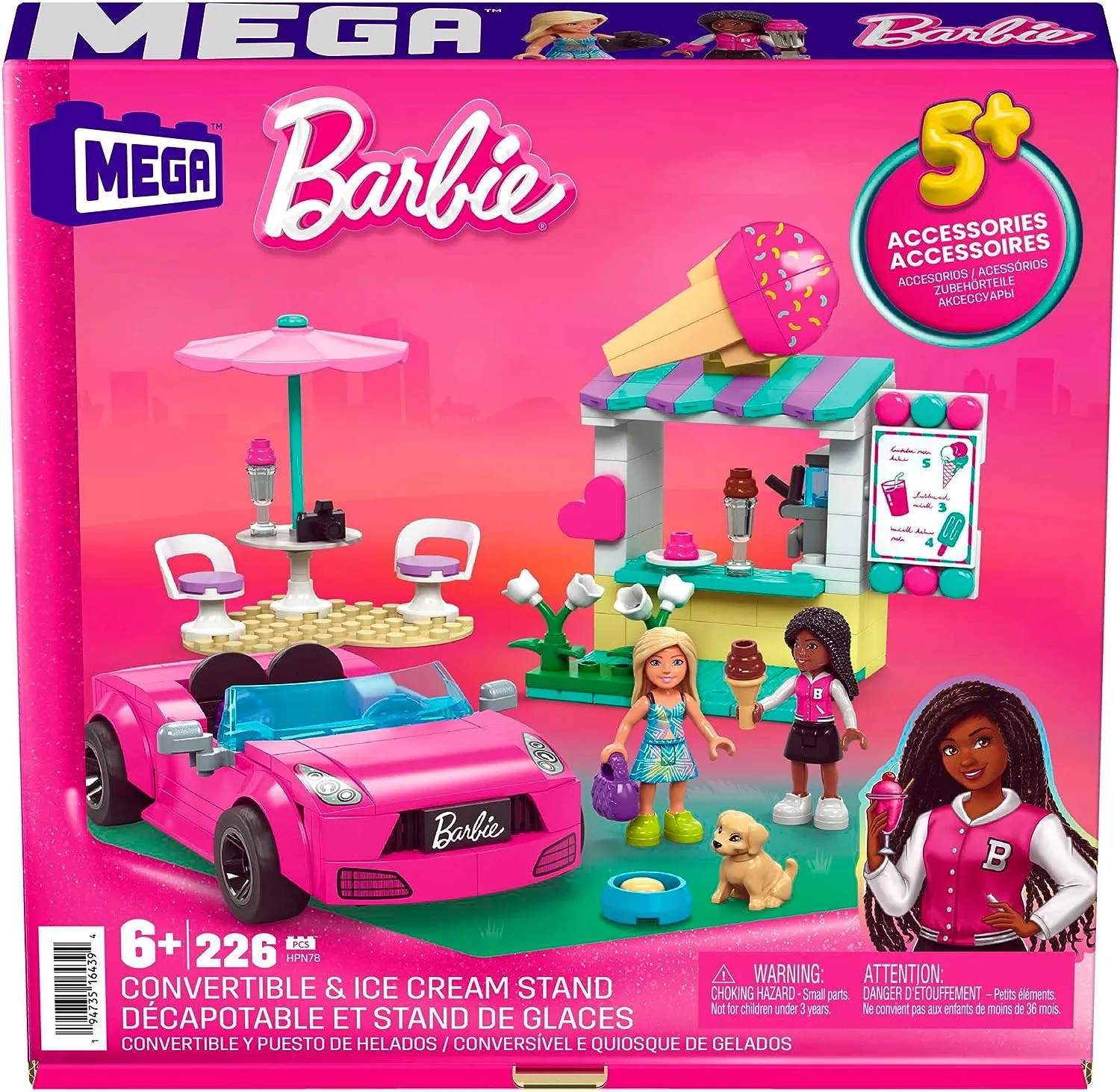 Barbie Toys MEGA Barbie Car Building Toys Playset, Convertible & Ice Cream Stand with 225 Pieces