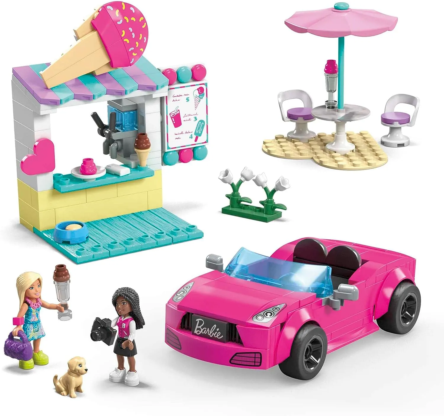 Barbie Toys MEGA Barbie Car Building Toys Playset, Convertible & Ice Cream Stand with 225 Pieces