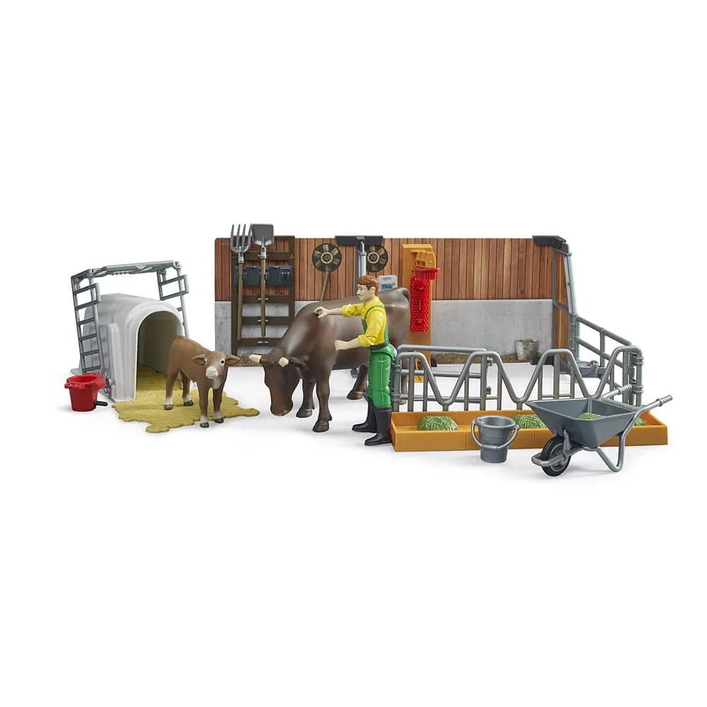 Bruder Toys Bruder bWorld Cow and Calf Barn with Farmer