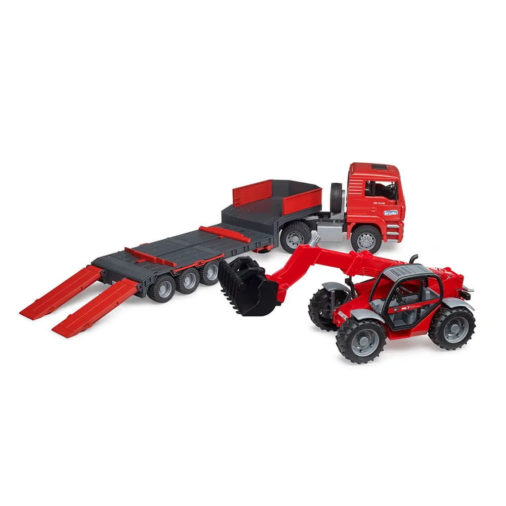 Bruder Toys Bruder Pro Series MAN TGA truck with low loader trailer and Manitou telehandler