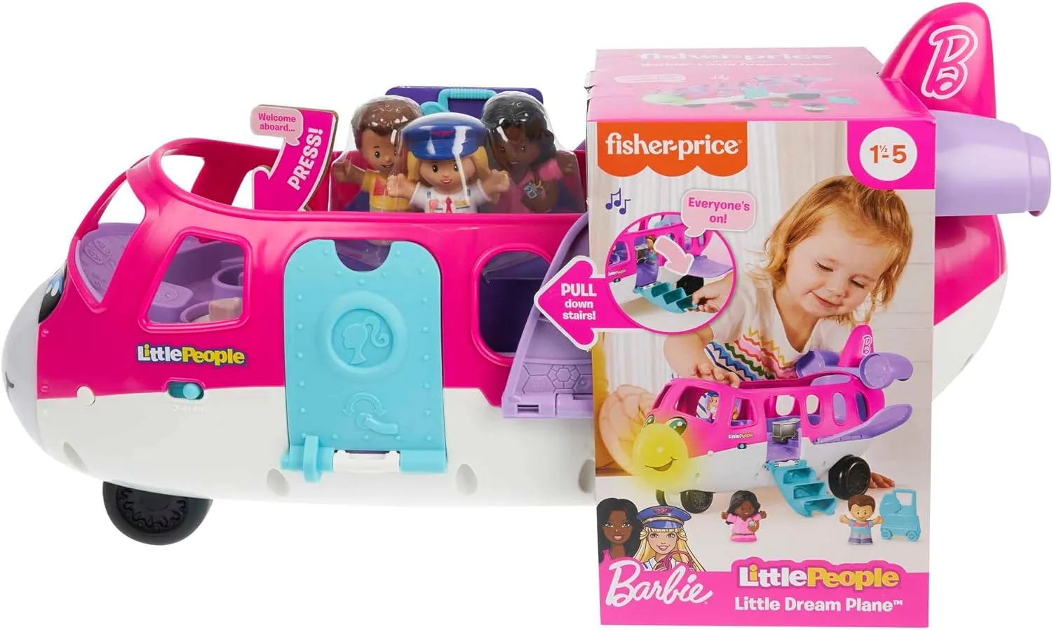 Fisher-Price Toys Fisher-Price Little People Barbie Toy Airplane for Toddlers with Lights Music and Folding Stairs
