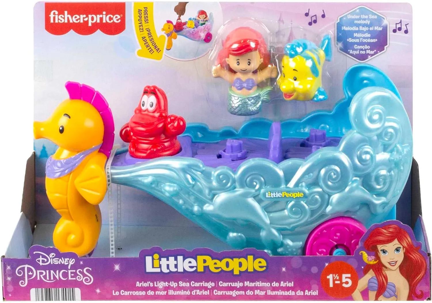 Fisher-Price Toys Fisher-Price Little People Toddler Toy Disney Princess Ariel's Light-Up Sea Carriage Musical Vehicle with 2 Figures
