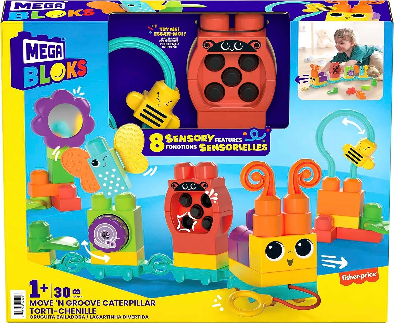 Fisher-Price Toys MEGA BLOKS Fisher-Price Sensory Building Blocks Toy, Move n Groove Caterpillar Train with 30 Pieces and Pull String