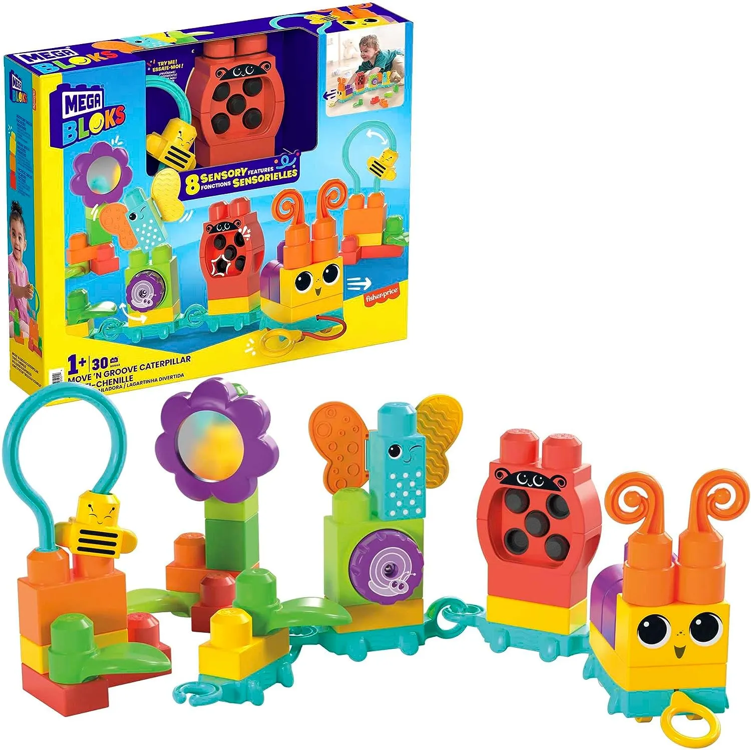 Fisher-Price Toys MEGA BLOKS Fisher-Price Sensory Building Blocks Toy, Move n Groove Caterpillar Train with 30 Pieces and Pull String