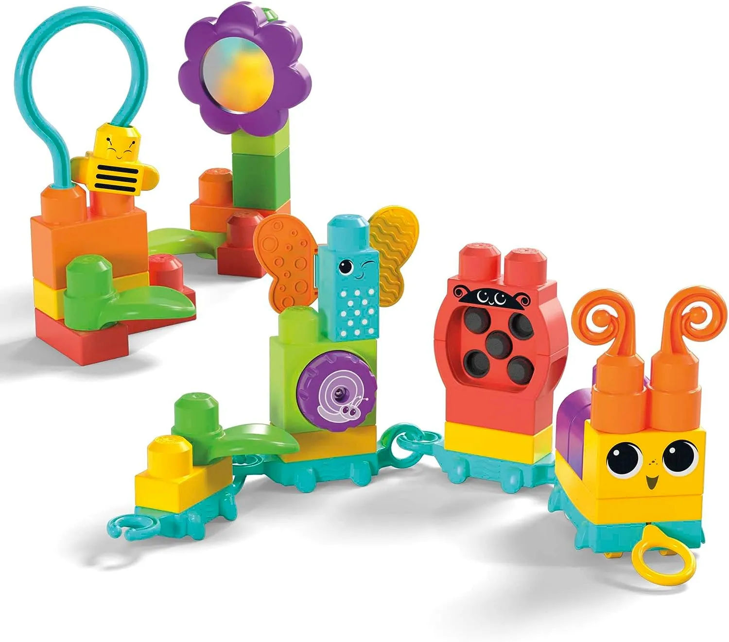 Fisher-Price Toys MEGA BLOKS Fisher-Price Sensory Building Blocks Toy, Move n Groove Caterpillar Train with 30 Pieces and Pull String