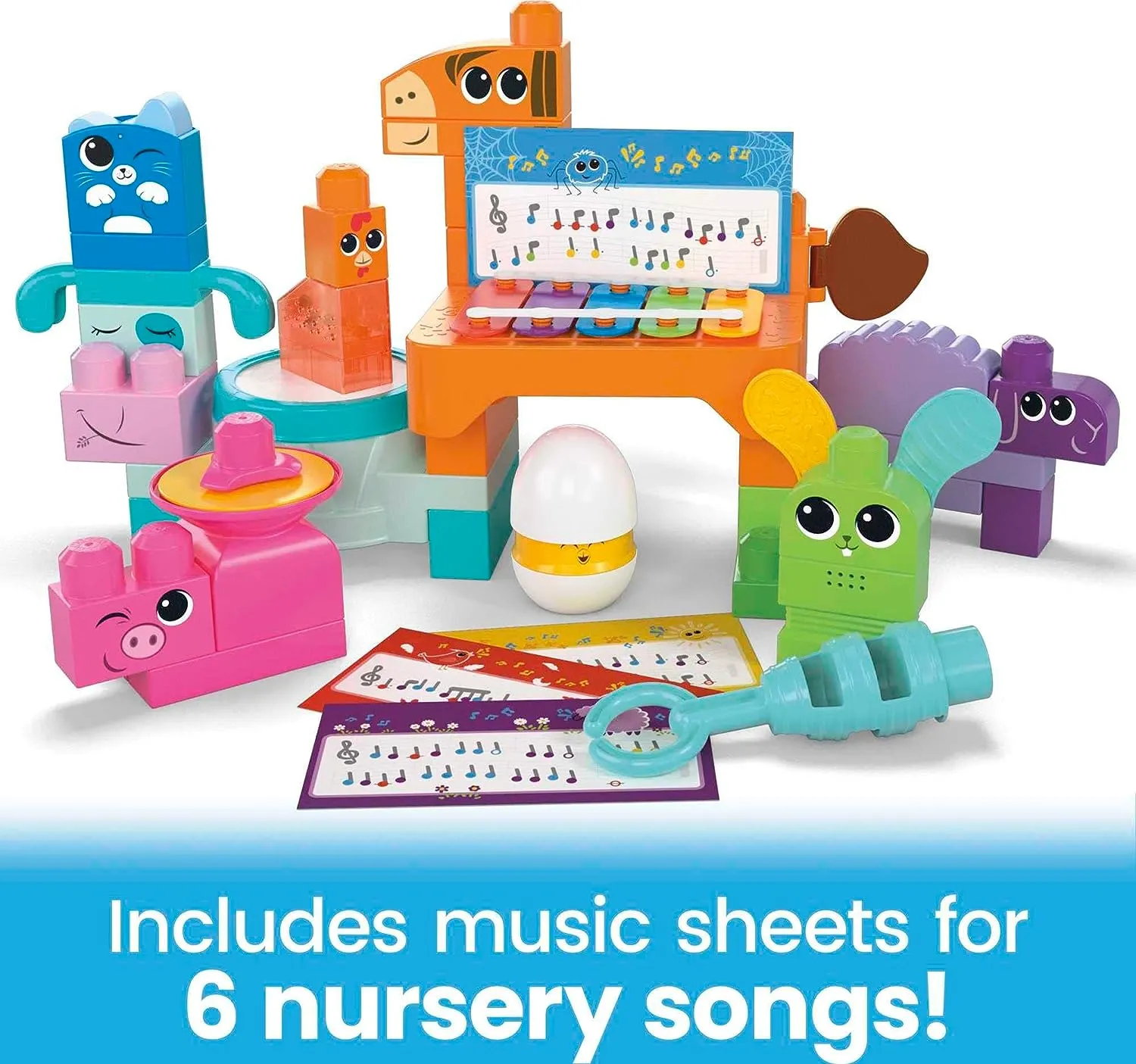 Fisher-Price Toys MEGA BLOKS Fisher-Price Sensory Building Toys Playset, Musical Farm Band with 40 Toddler Blocks and 6 Music Sheets
