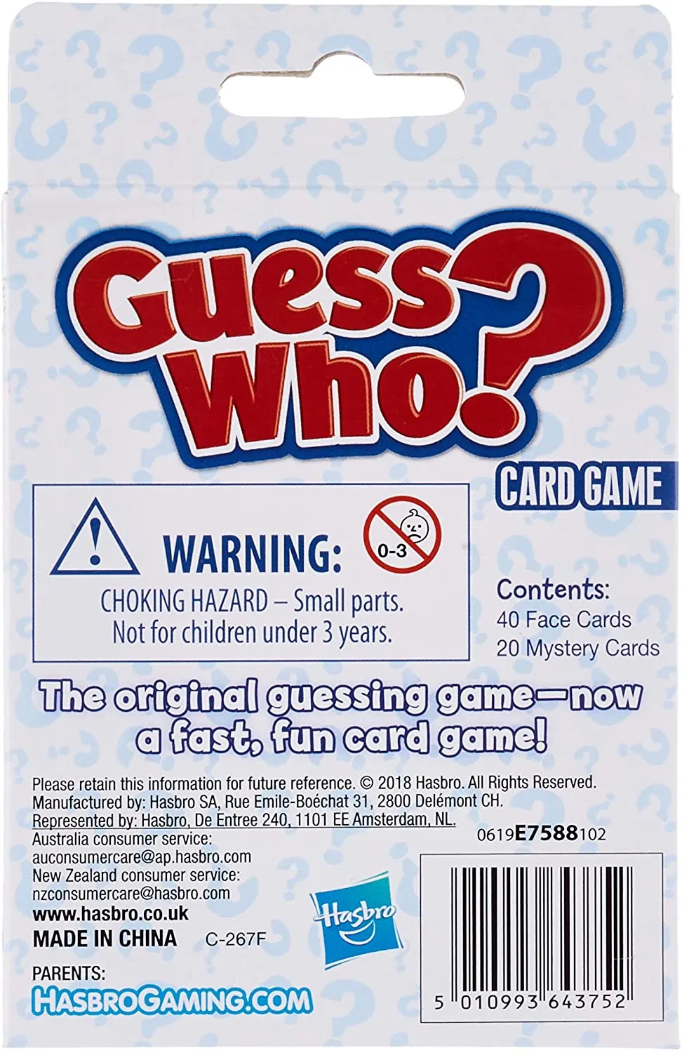 Hasbro Toys Hasbro E7588UC0 Classic Card Travel Game Guess Who