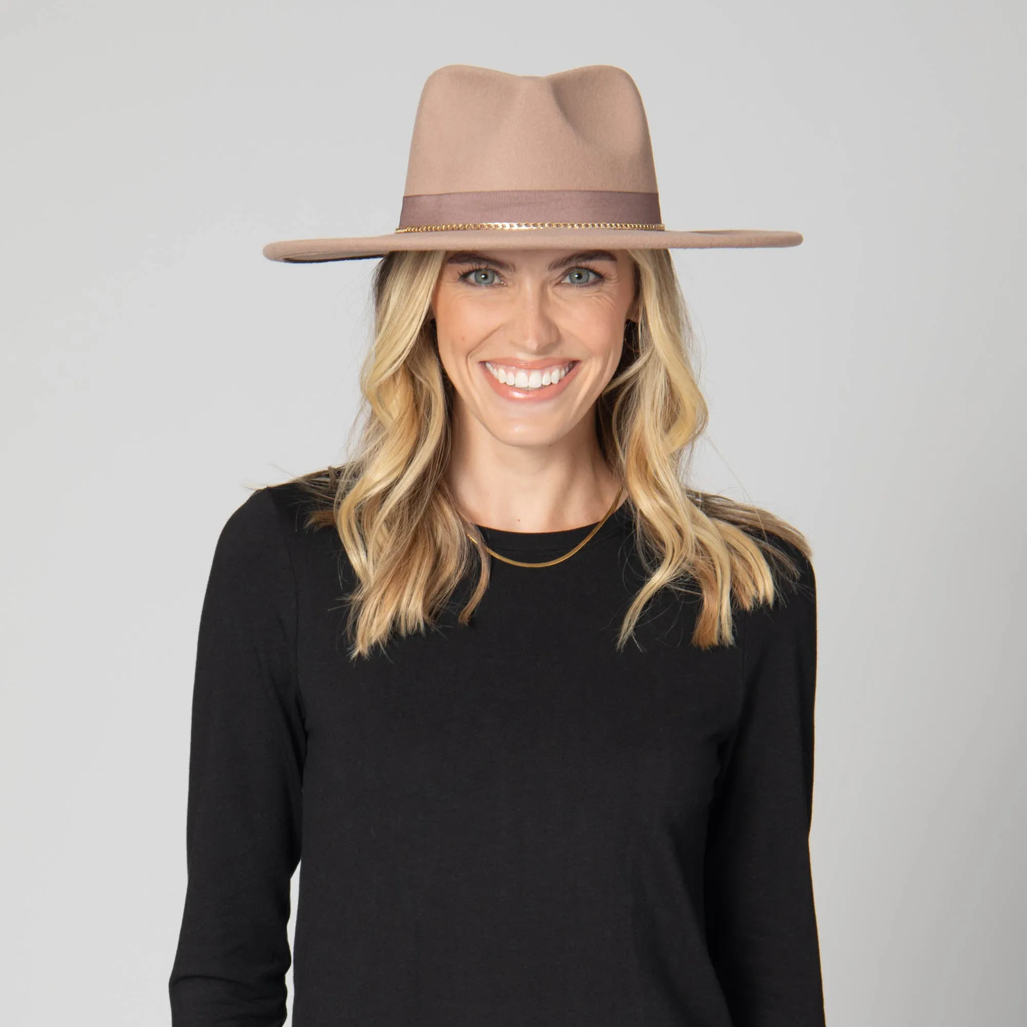 San Diego Hat Company Womens Fedoras Mia - Faux Felt Fedora with Pinch Crown and Gold Trim Band
