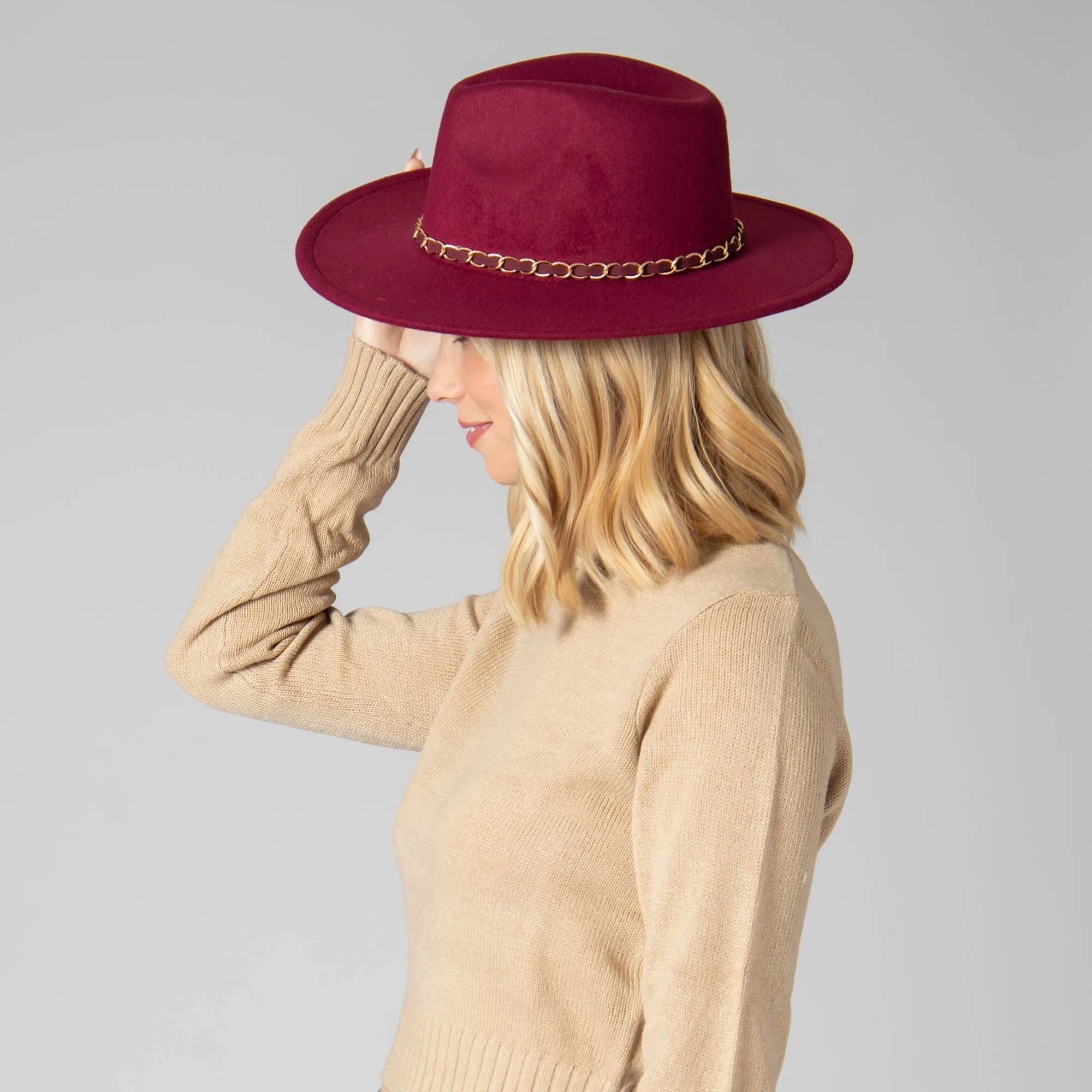 San Diego Hat Company Womens Fedoras Women's Faux Felt Fedora W/ Gold Chain Trim