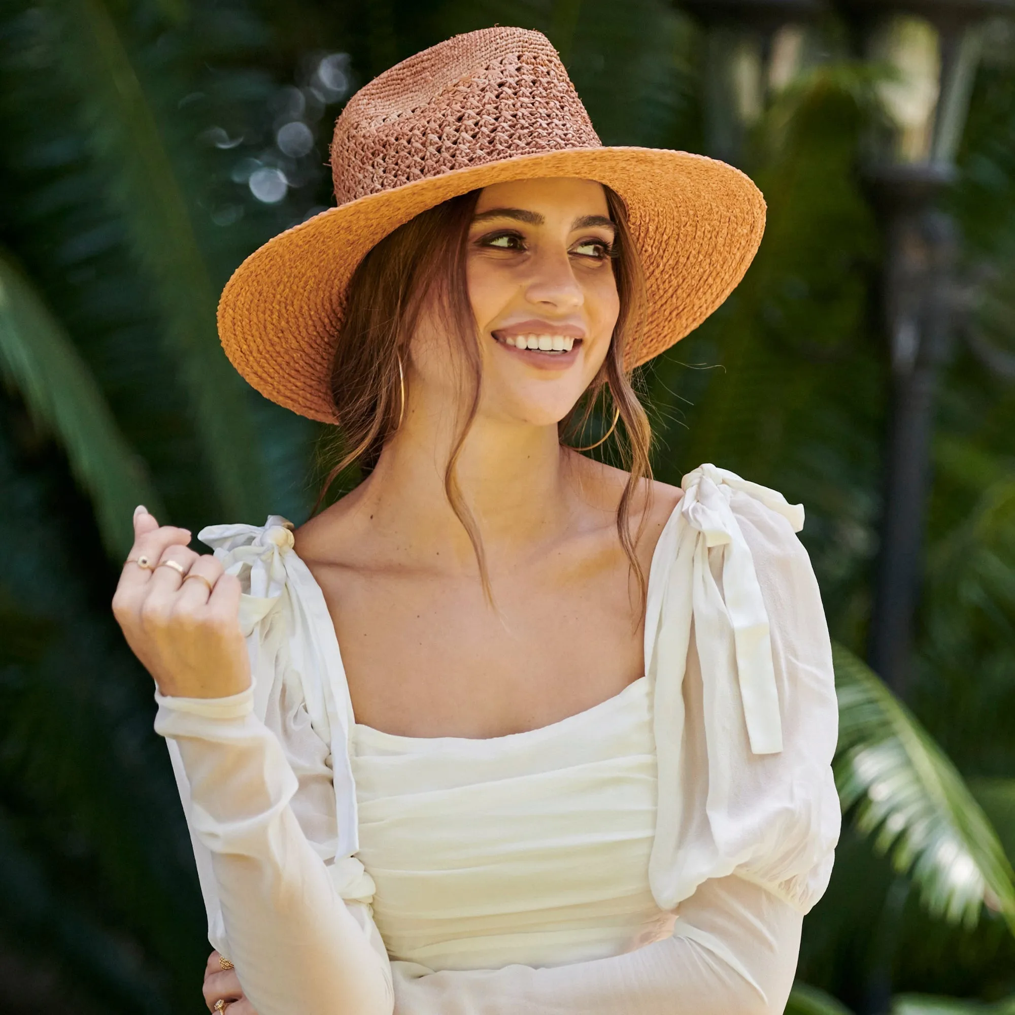San Diego Hat Company Womens Fedoras Women's Mixed Raffia Fedora w/ Hand Crochet Crown & Raffia Braid Brim - Rust