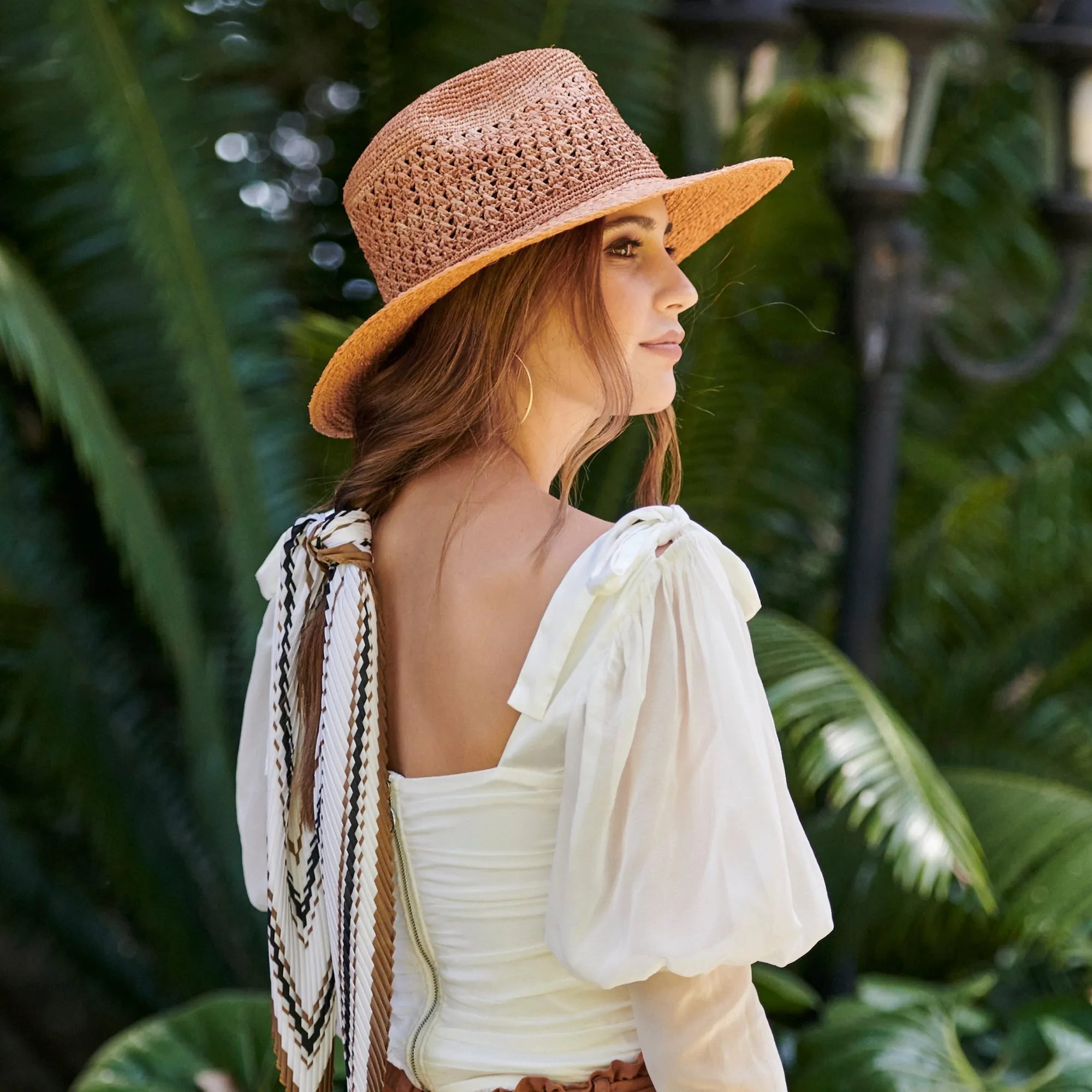 San Diego Hat Company Womens Fedoras Women's Mixed Raffia Fedora w/ Hand Crochet Crown & Raffia Braid Brim - Rust